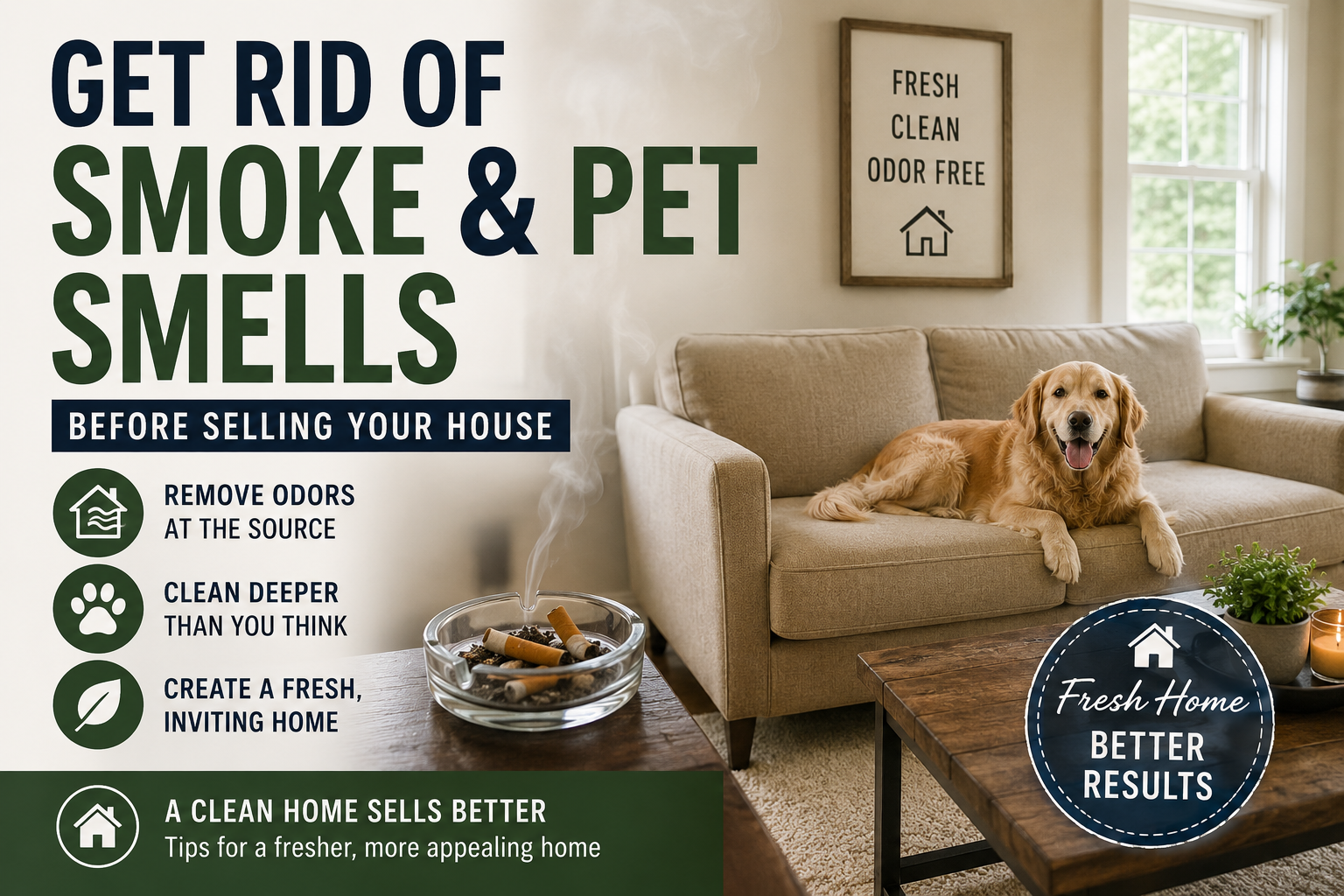 Remove Pet Smells Before Selling Living room with a dog on the couch and a graphic about removing smoke and pet smells before selling a house.