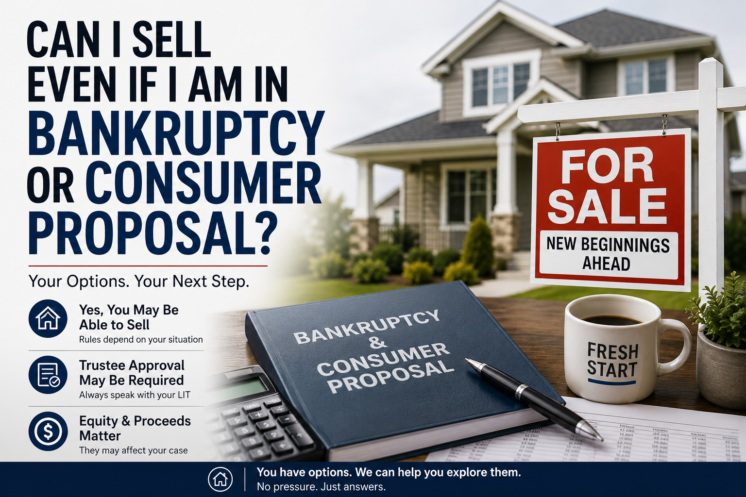 Selling House in Bankruptcy or Consumer Proposal House for sale with bankruptcy and consumer proposal paperwork explaining that homeowners may still be able to sell.