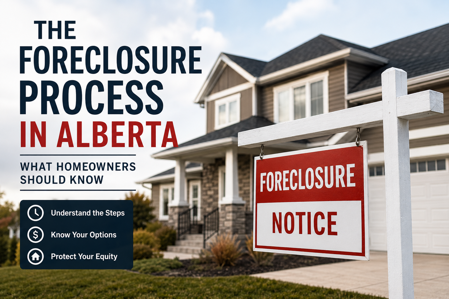What Is Foreclosure in Alberta House with a foreclosure notice sign and text explaining the foreclosure process in Alberta for homeowners.
