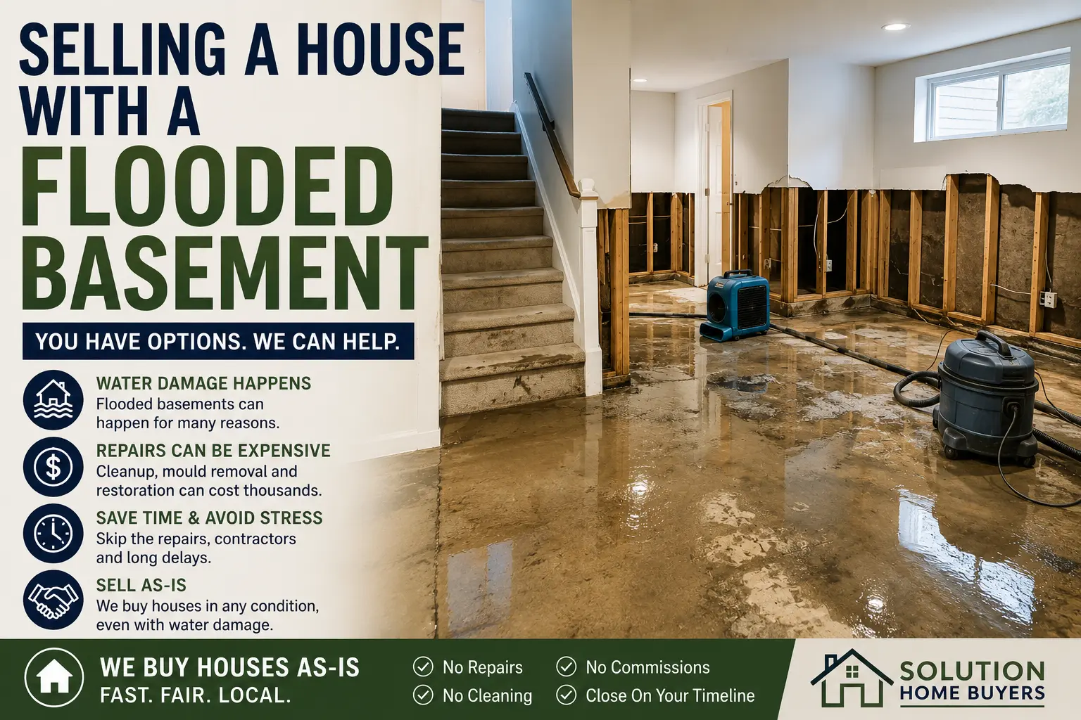 Sell Flooded Basement As-Is Flooded basement with damaged walls and cleanup equipment, showing that homeowners can sell a house as-is with water damage.